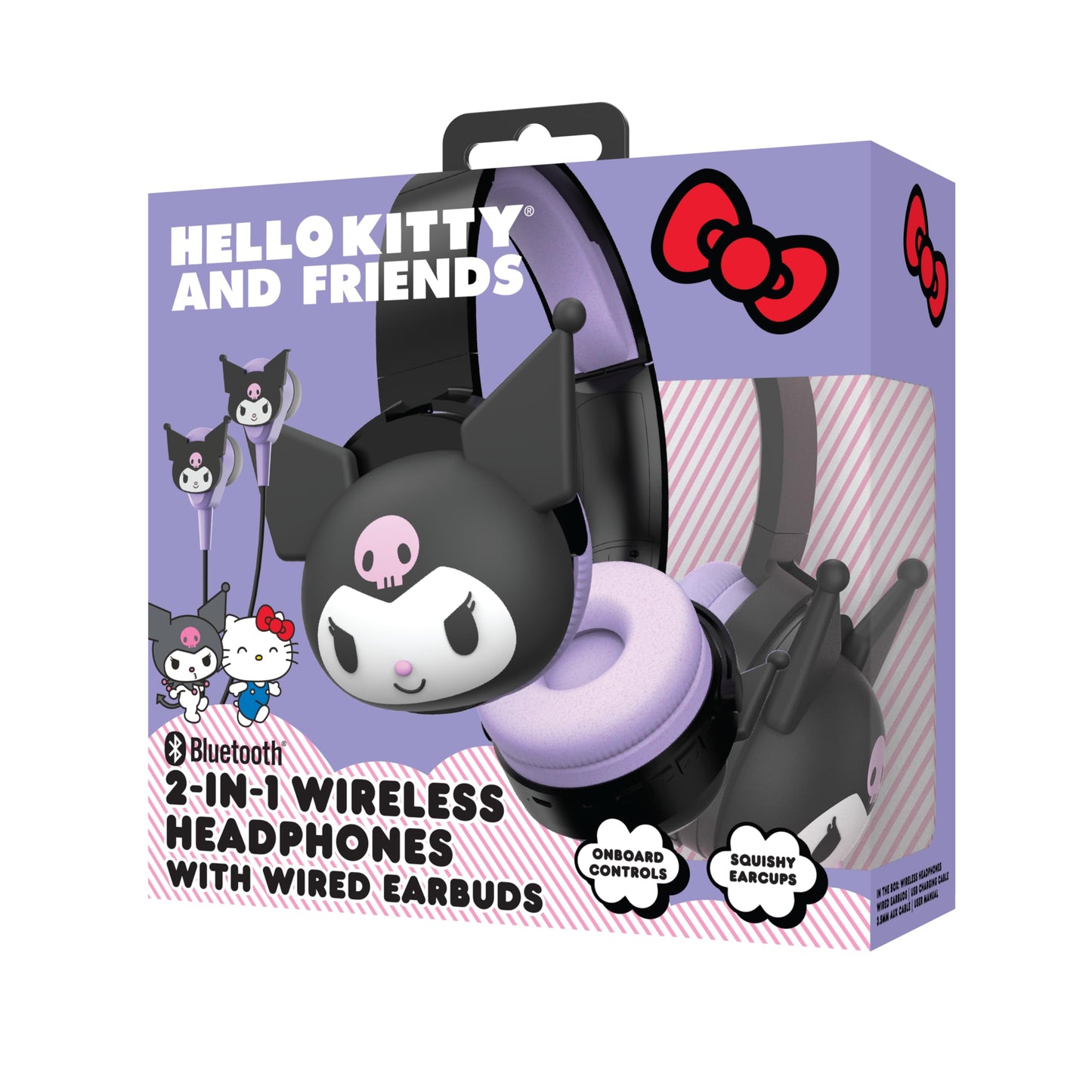 Hello Kitty 2-in-1 Wireless Bluetooth Headphones with Wired Earbuds - Foldable Over-Ear Headset with Built-in Mic, AUX Cable, Adjustable Headband,