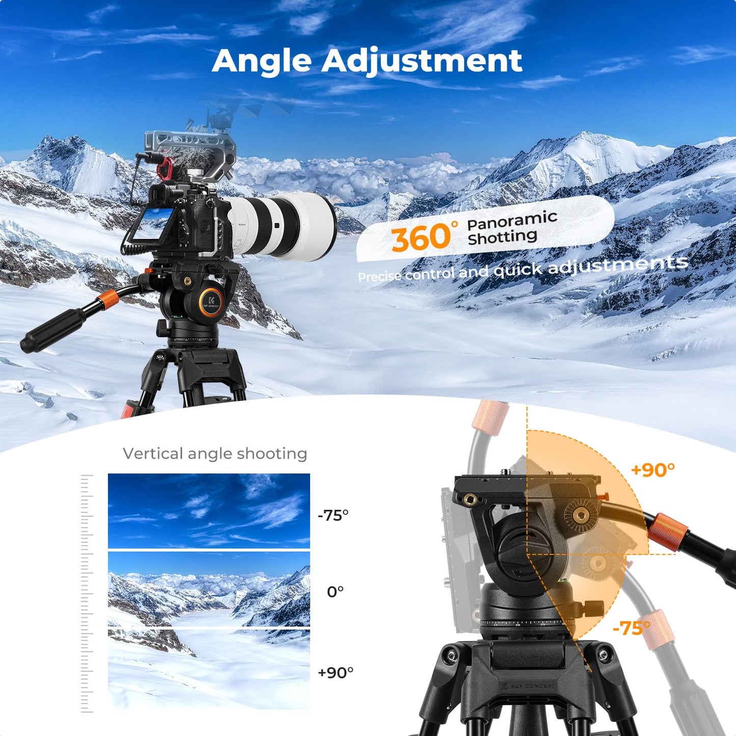 K&F CONCEPT Fluid Head, Fluid Video Head Silky-Smooth Stable Tripod Head Mount Max Load 17.6lbs/8kg, Net Weight 1KG Tripod Head for 360°Pan and -75°to