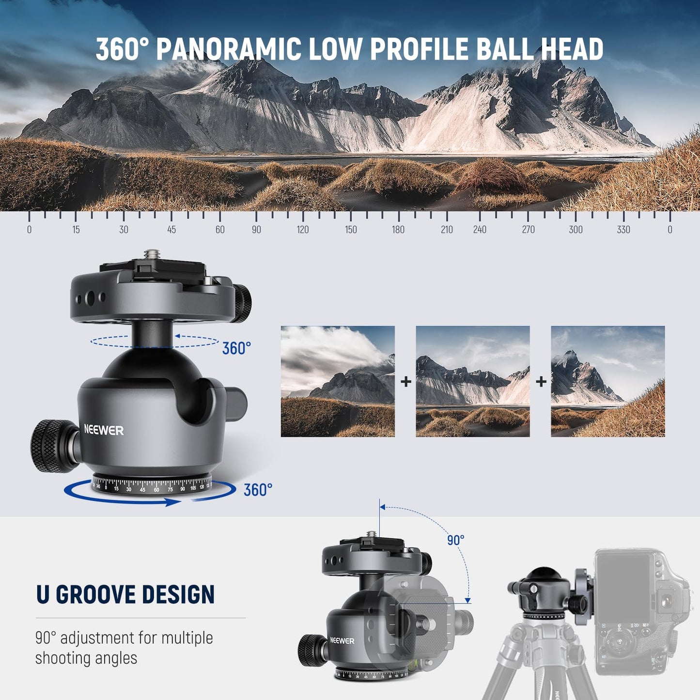 NEEWER GM41 Low Profile Tripod Ball Head, 40mm Metal Panoramic Camera Mount Adapter with 1/4" Arca Type QR Plate Compatible with PD, 360° Swivel & 90°