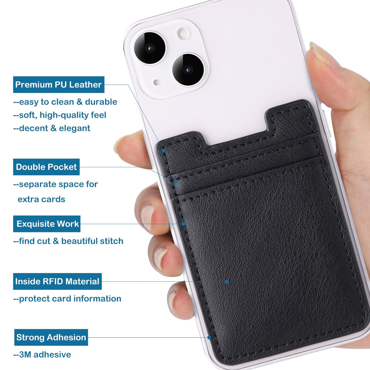 Phone Wallet Stick on,2Pack Card Holder for Back of Phone Case, Leather Credit Card Holder for Cell Phone Sticky Wallet RFID Double Pocket Sticker