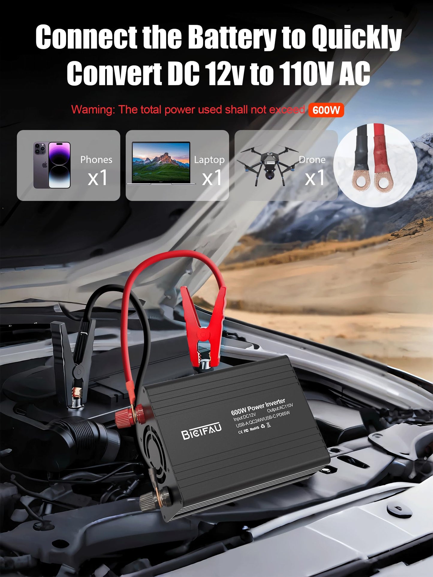 600W Inverter 12V to 110V, DC to AC Car Power Inverter for Vehicles with 65W USB-C Fast Charging 24W USB-A Dual AC Socket Adapter