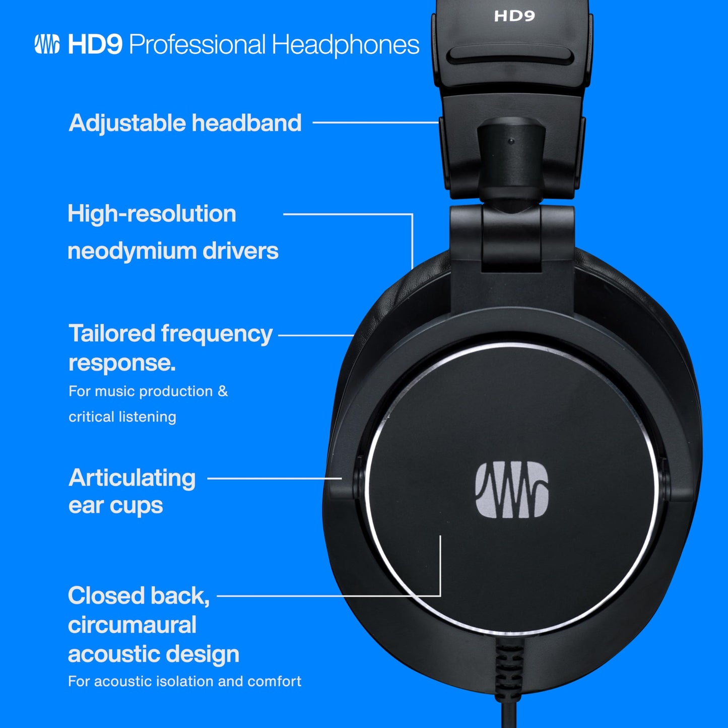 PreSonus HD9 Professional Monitoring Headphones - High-Power Handling, Closed-Back, Circumaural Acoustic Design Studio Recording Headphones…