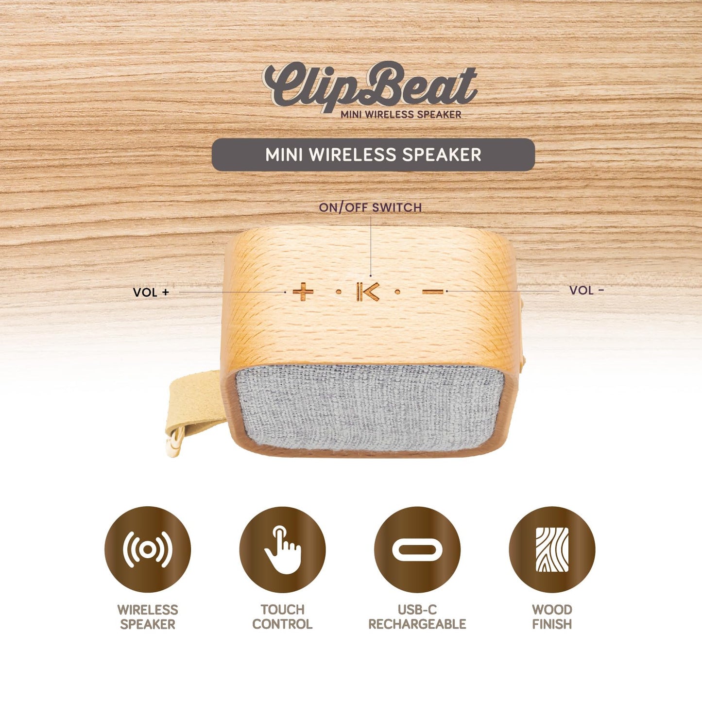 xo poppy ClipBeat Mini Wireless Speaker, Bluetooth Wood Finish, Type-C Rechargeable, Touch Control, Portable with Carabiner Clip