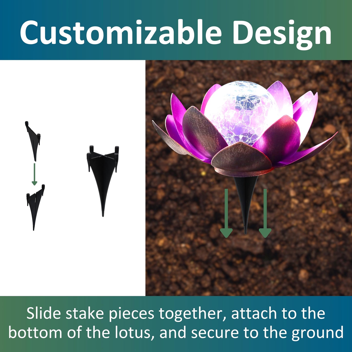 MooneLit Creations MCSLOTUS-V Violet Lotus Flower Solar LED Garden Light with Crackled Glass Globe - Waterproof Metal Outdoor Décor