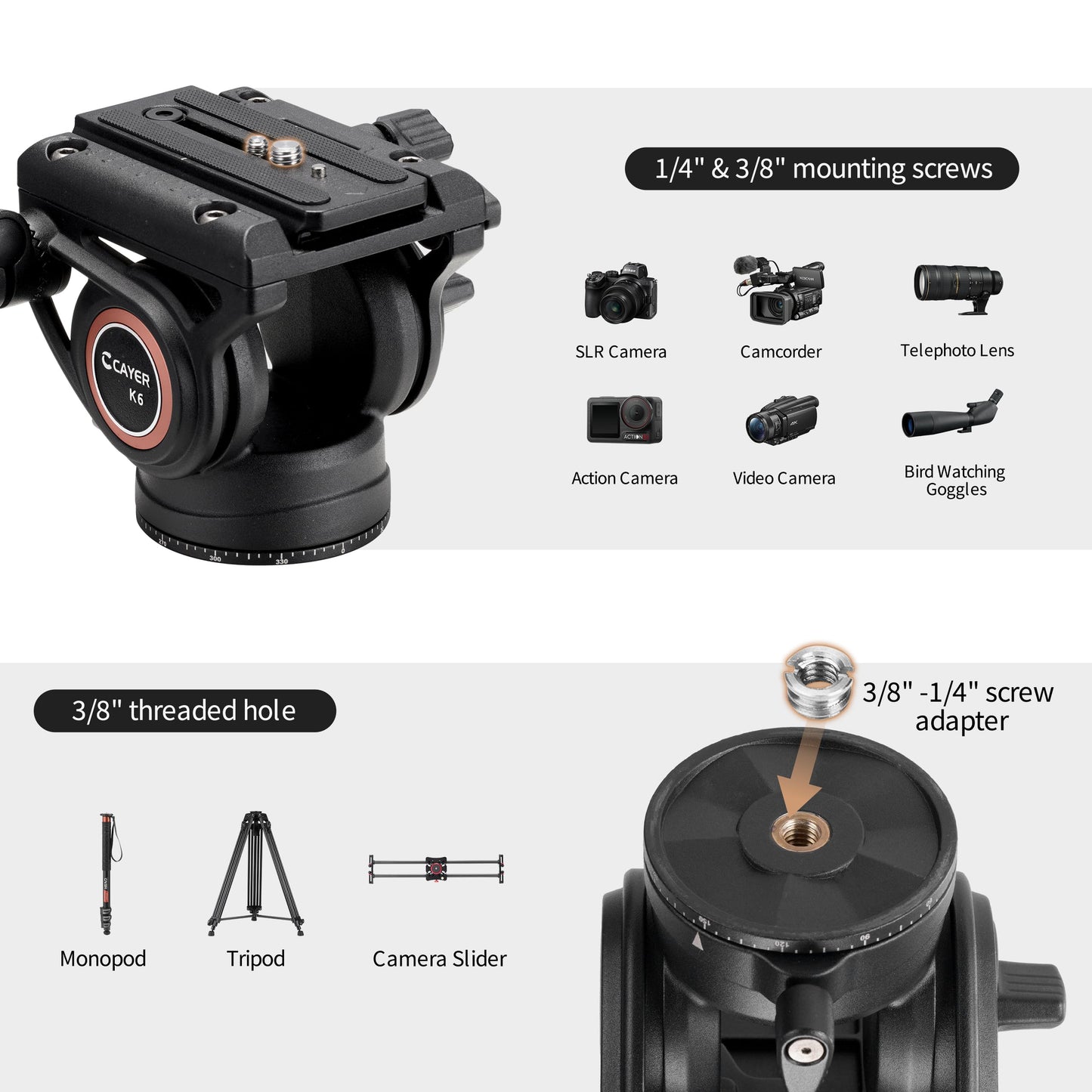 Cayer K6 Fluid Head, Metal Camera Tripod Head with Adjustable Pan Handle, Heavy Duty Video Tripod Pan Tilt Head for Video Cameras, DSLR Cameras