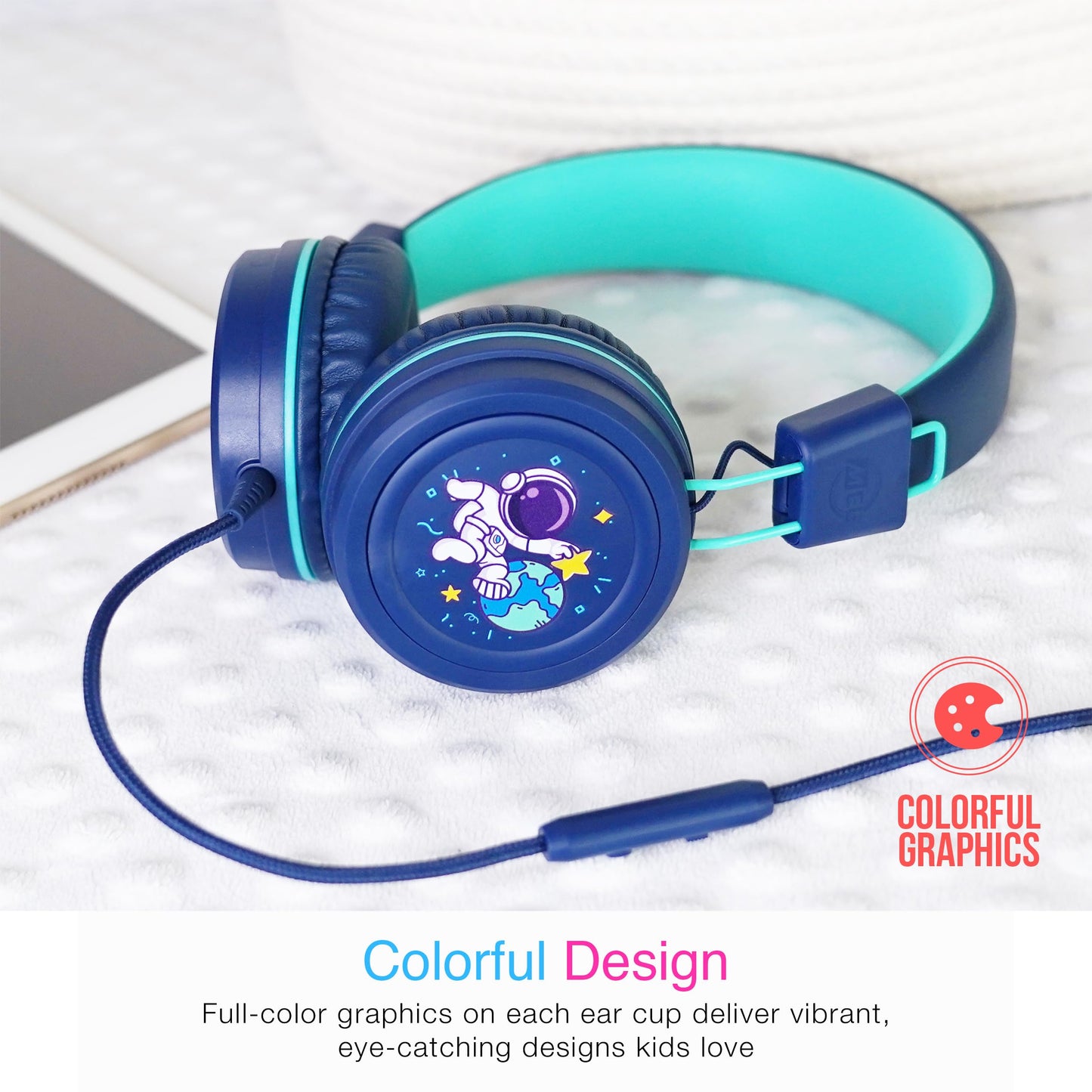MEE audio KidJamz KJ55 Wired Children’s Headphones with 3.5mm Plug, Colorful Graphics, Volume Limiter & Microphone, Adjustable On-Ear Kids Headset