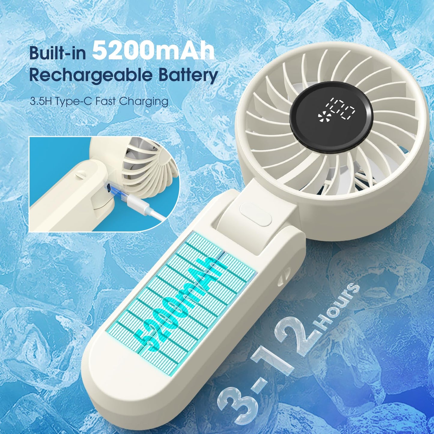 ?5200mAh?Portable Handheld Fans for Travel, High-Speed Motor, Rechargeable Hand Held Fan, 5 Speed,180°Foldable, Small Personal Fan,4-IN-1