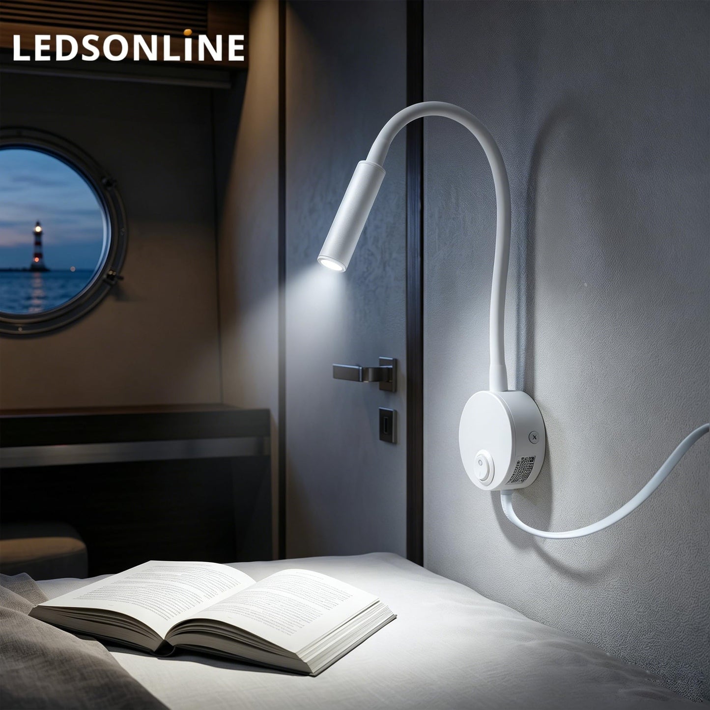 LEDSONLINE White Wall Mount Reading Light for Headboard Bright 6000K Pure White 25° Focused Beam Bed Flexible Gooseneck Task Lamp for Hotel Marine