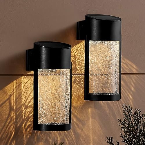 SUNNYPARK Solar Outdoor Wall Lights Fixture Set of 2 Porch Lights Crackled Glass Diffuser with Warm White LED