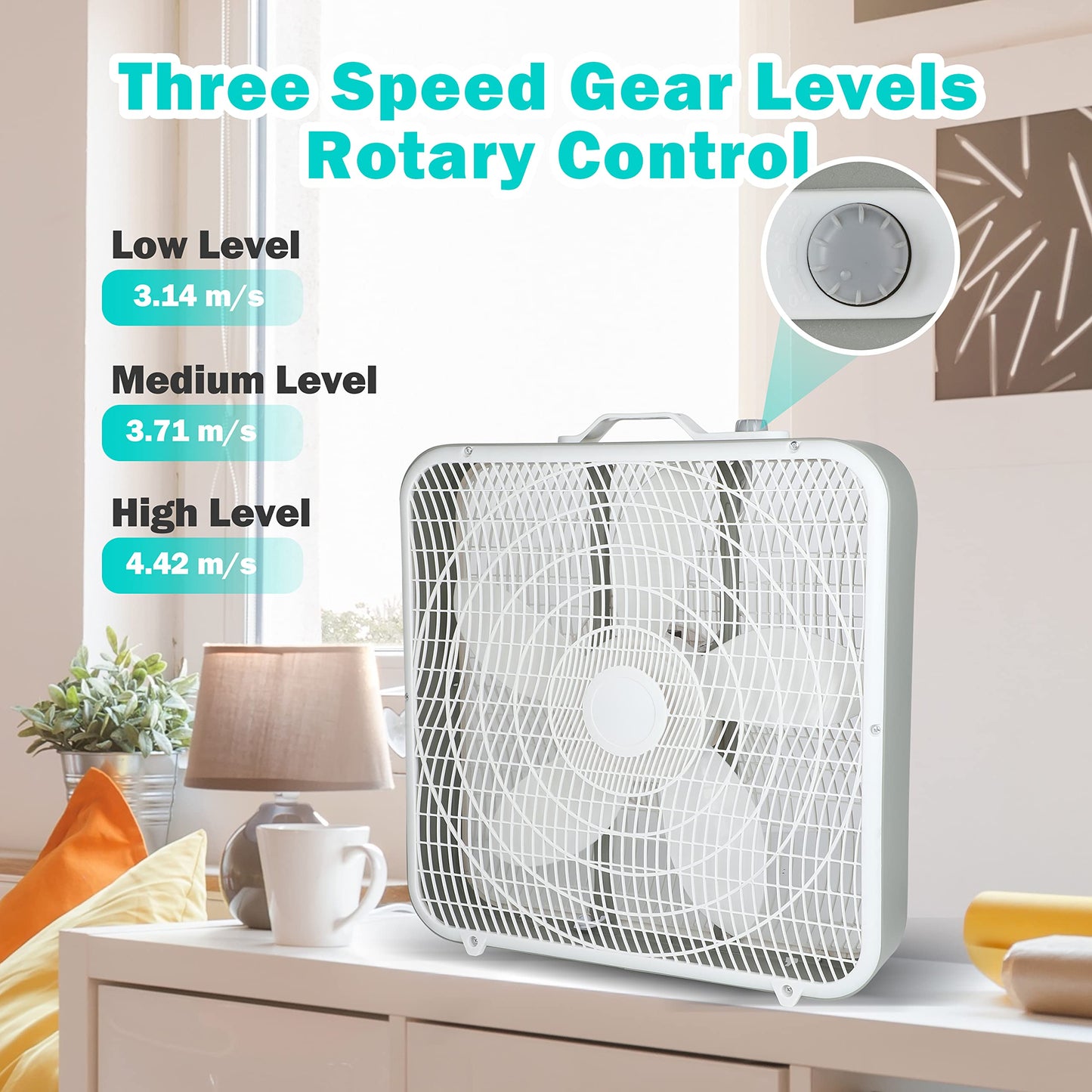 Simple Deluxe Box Fan, 3-Speed Cooling Floor Fan with Aerodynamic Shaped Fan Blades, Convenient Carry Handle and Safety Grills, Suitable for Home