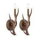 JONATHAN Y 5.5" Brown 1-Light Wood Finish Faux Antler LED Vanity Light Set of 2, Rustic Wall Sconces for Bathroom Mirror Hallway, Southwestern