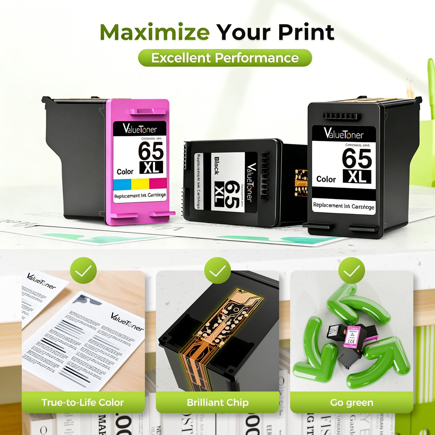 Valuetoner for 65XL 65 Ink Cartridges Black/Color Combo Pack 3-Pack