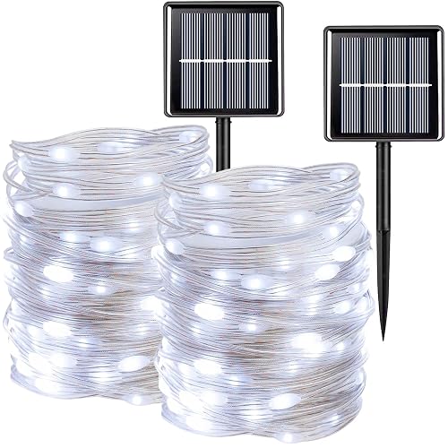 QITONG 2 Pack Upgraded PVC Solar Fairy Lights White, Each 33ft 100 LED String Lights Outdoor Waterproof, 8 Modes Solar Twinkle Mini Lights