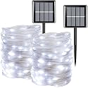 QITONG 2 Pack Upgraded PVC Solar Fairy Lights White, Each 33ft 100 LED String Lights Outdoor Waterproof, 8 Modes Solar Twinkle Mini Lights