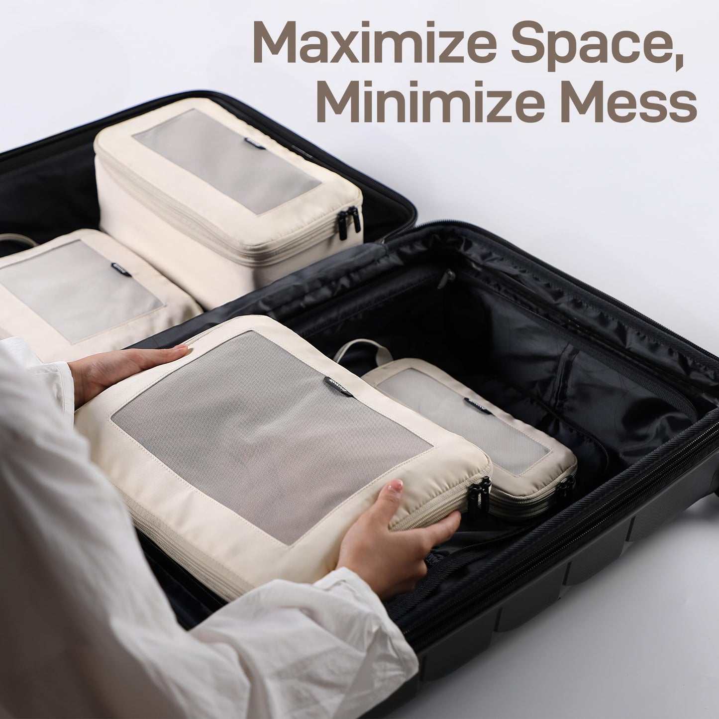 EPICKA TripCozy Compression Packing Cubes – 4 Set Expandable Travel Organizer Bags with Mesh Top for Suitcase, Carry-On & Backpack (Beige)