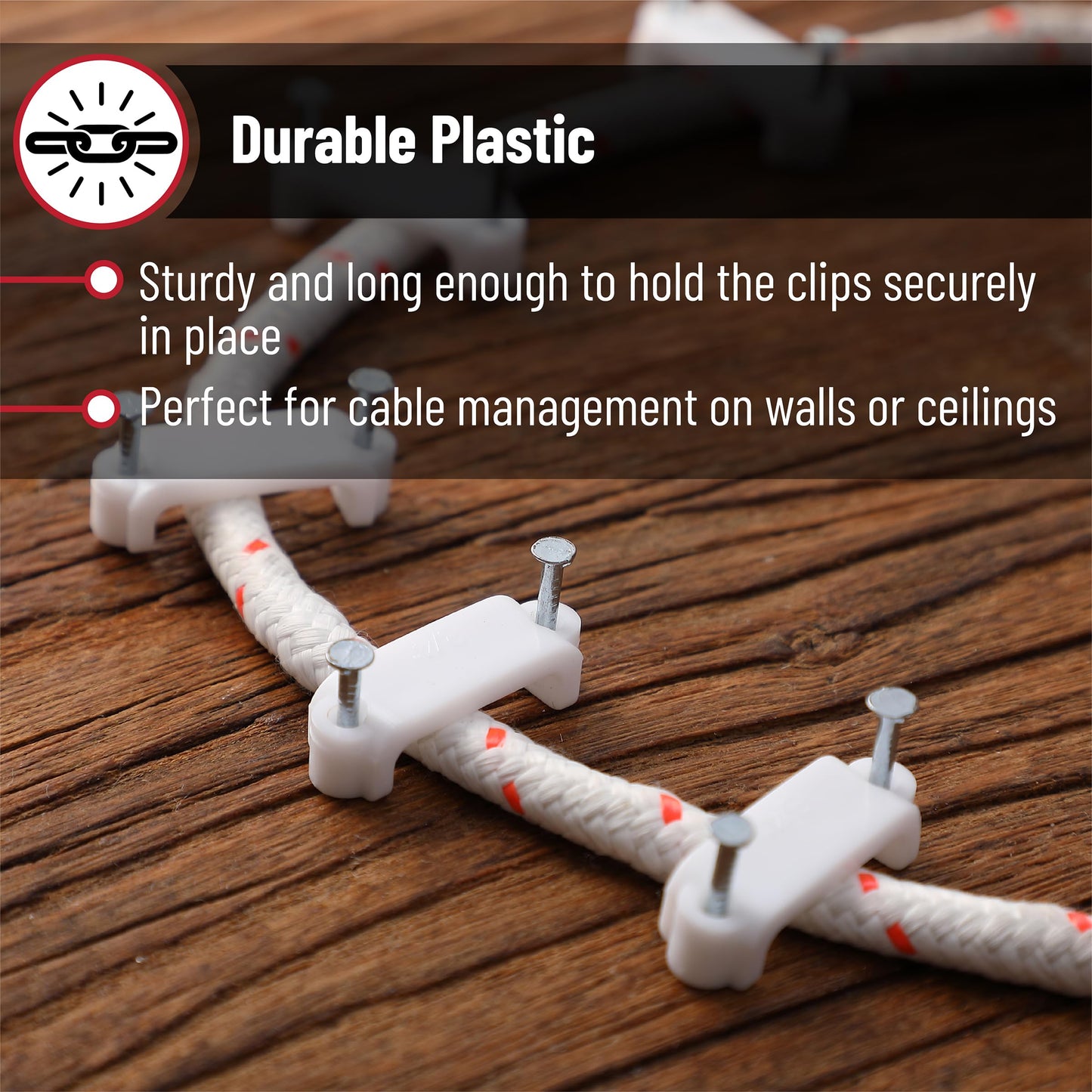Bates- Cable Clips with Steel Nails, 200 pcs, White, Large, 2-Nail Cord Clips for Wires on Wall, Cable Wall Clip, Wire Wall Clips, Cable Wire Clips