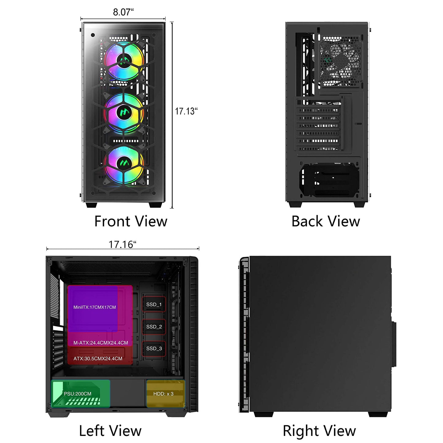 MUSETEX Mid Tower Case, ATX Case RGB LED Fans/Gaming Case PC Side Window Panel & 4 Dual Light Loop Fans Pre-Installed, Computer Case USB 3.0 Port,2 x