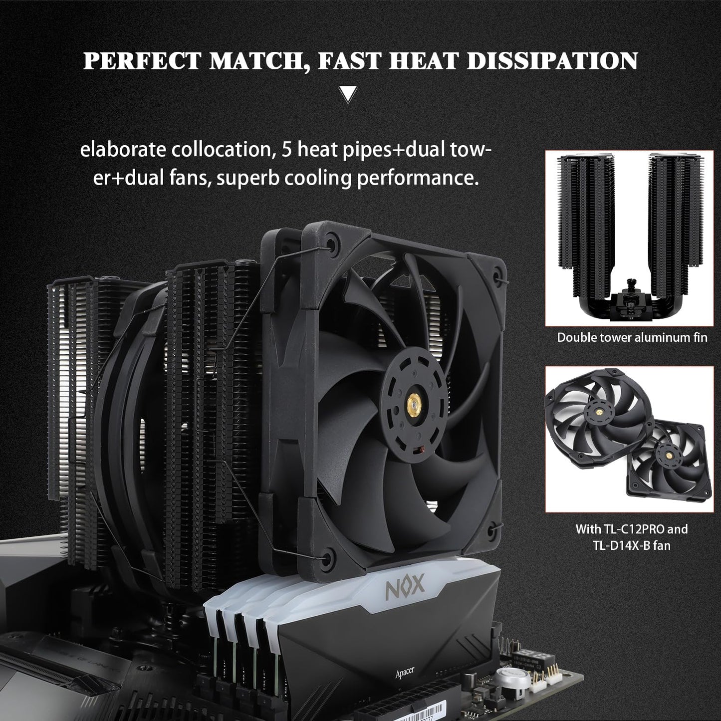 Thermalright FC140 Black CPU Air Cooler,Dual Tower 5 Heat Pipe,TL-D14X-B and TL-C12PRO PWM Fan,Aluminium Heatsink Cover, AGHP Technology, for AMD