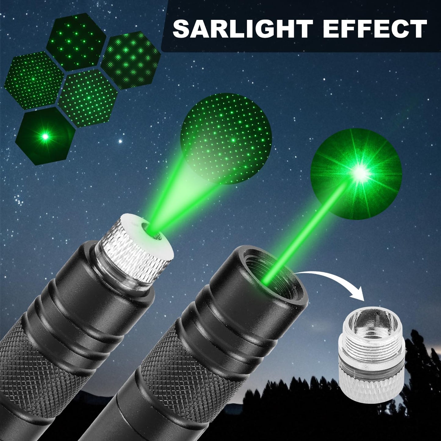 JANHER High Power Green Laser Pointer with Removable Star Cap, Long Range Single Pinpoint Mode, Built-in USB Rechargeable Lazer for Astronomy, Hiking