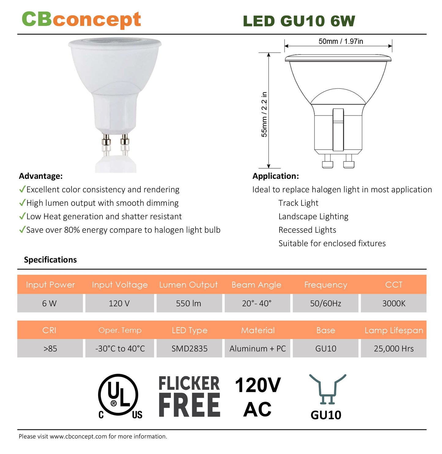 CBConcept UL-Listed GU10 LED Light Bulbs, 5-Pack, 6 Watt, 550 Lumen, Warm White 3000K, 50W Halogen Equivalent, 36°Beam Angle, 120 Volt,Not