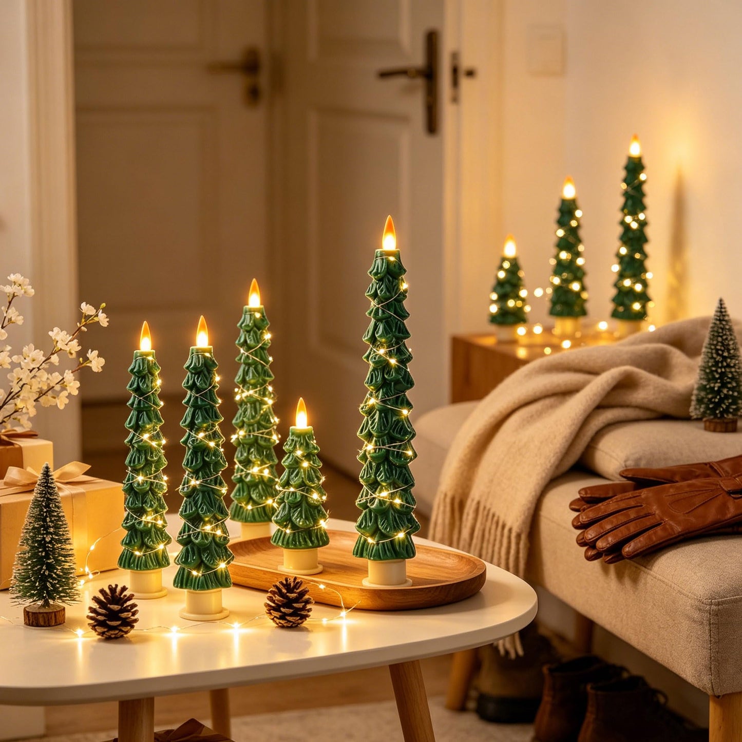 Christmas Tree Candles Surrounded by Fairy Lights, LED flameless Candle Lights with Remote Control Timing Function. Green