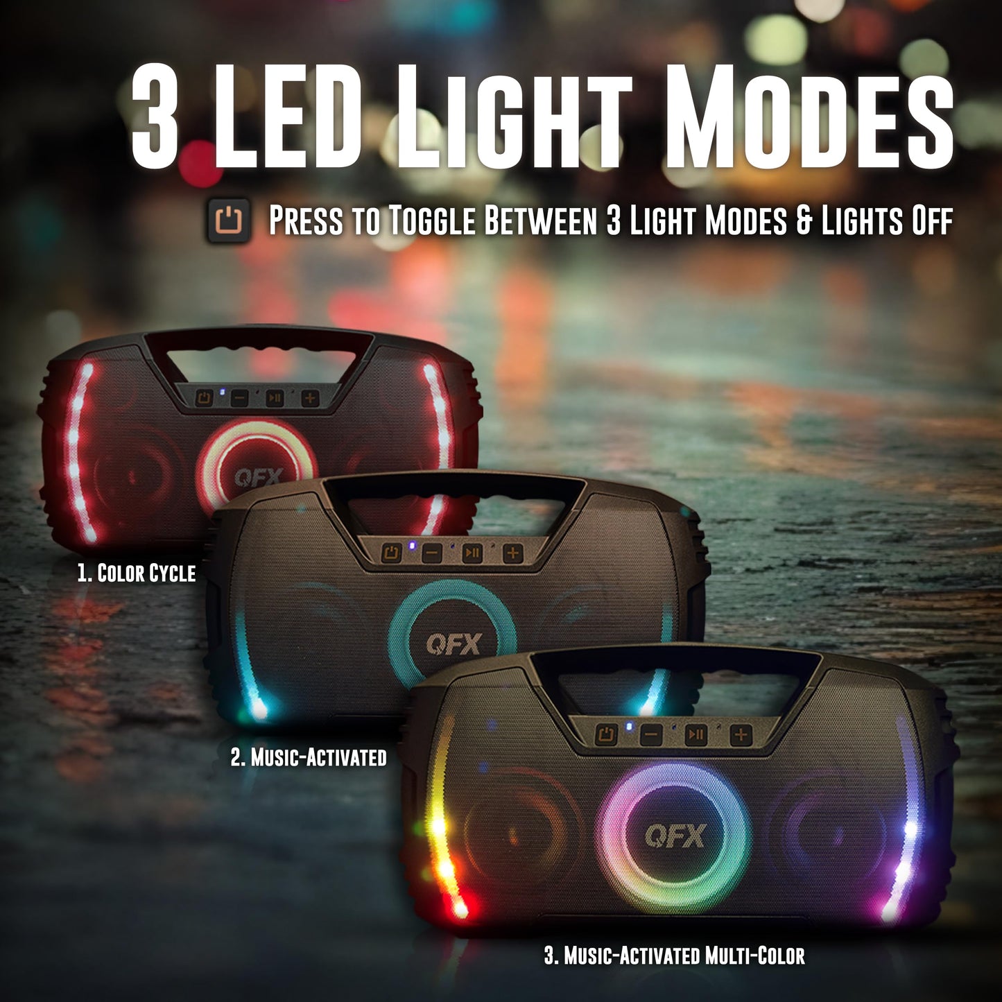 Powerful & Portable Waterproof All Terrain Bluetooth Speaker with Deep Bass, LED Party Lights, Fast USB-C Charging, FM Radio, AUX - QFX BT-ZX35