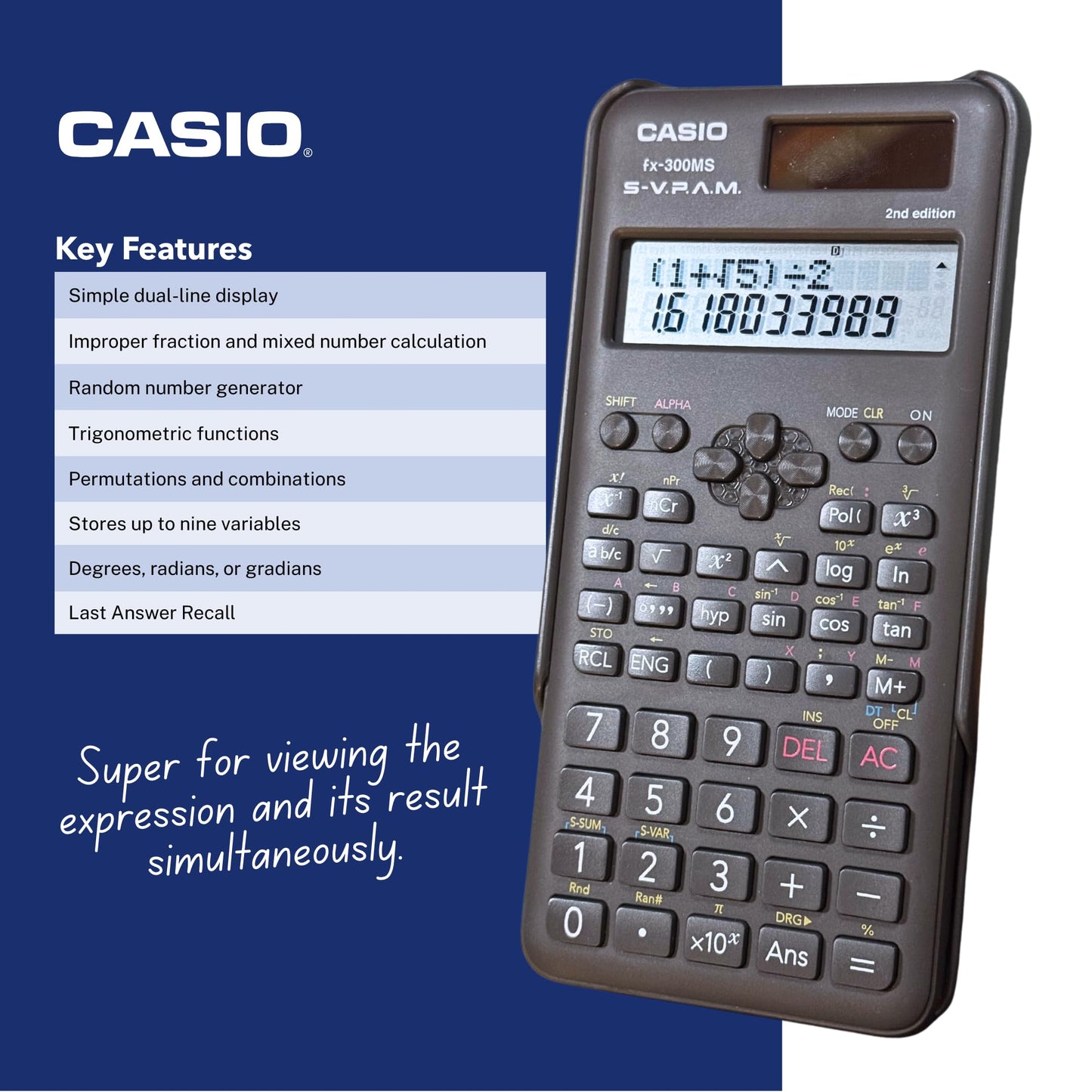 Casio fx-300MS Plus 2nd Edition - Standard Scientific Calculator with 2-Line Display | 10-Digit LCD, Trig, Stats, Fractions | Ideal for High School