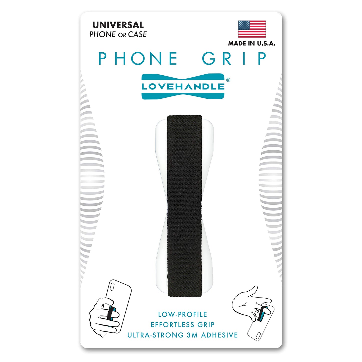 LOVEHANDLE Universal Phone Grip for Most Smartphones, Mini Tablets and Cases, Black Elastic Strap with White Base, LH-01White