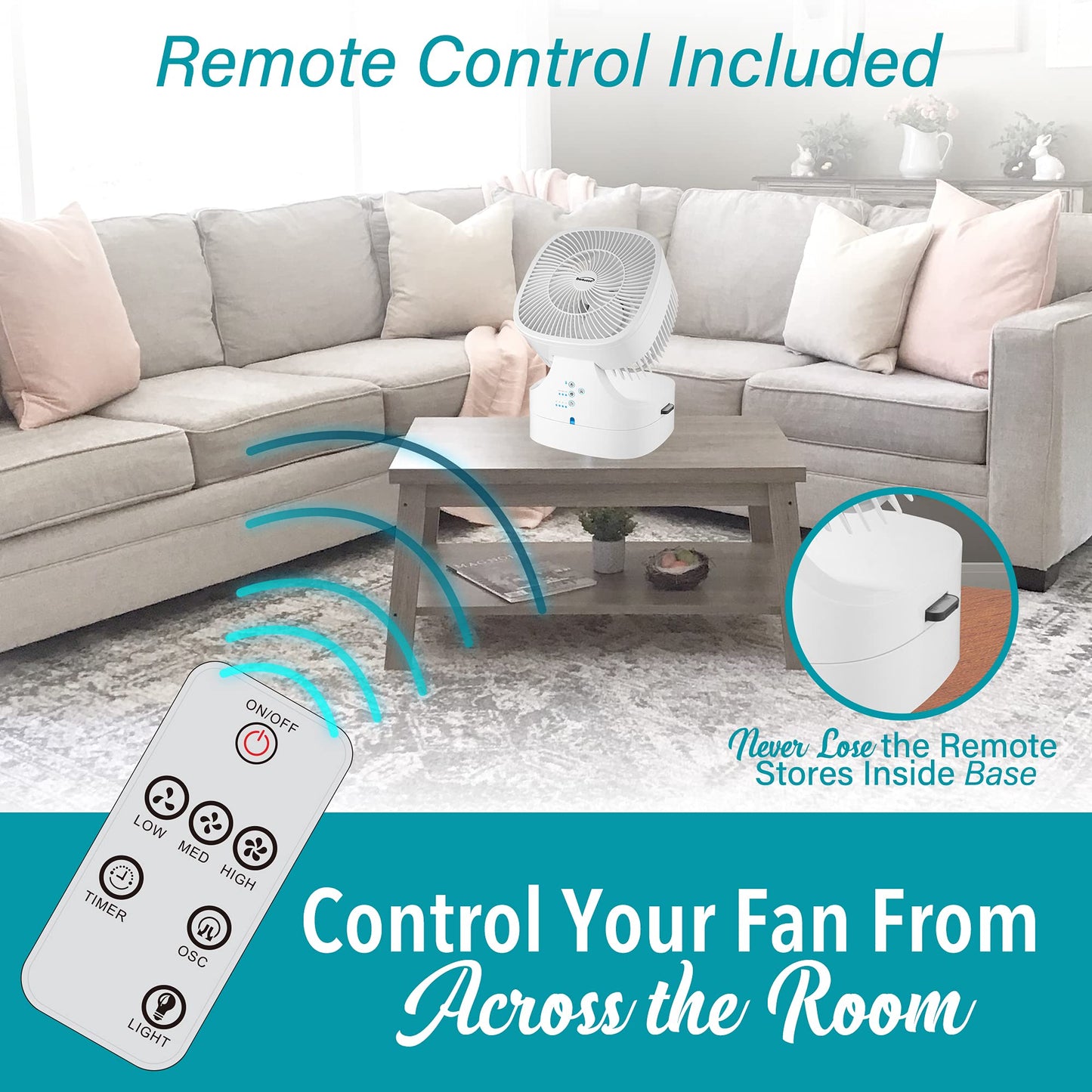 Brentwood 3-Speed Quiet Oscillating Air Circulator Desktop Fan White (8-Inch with Remote)