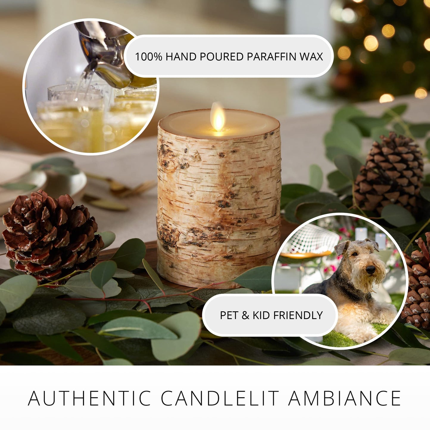 Luminara Real Birch Bark Wrapped Flameless LED Candle, 4" x 5.3", Battery Operated Moving Flame Pillar Light with Timer - Natural Decor Unscented