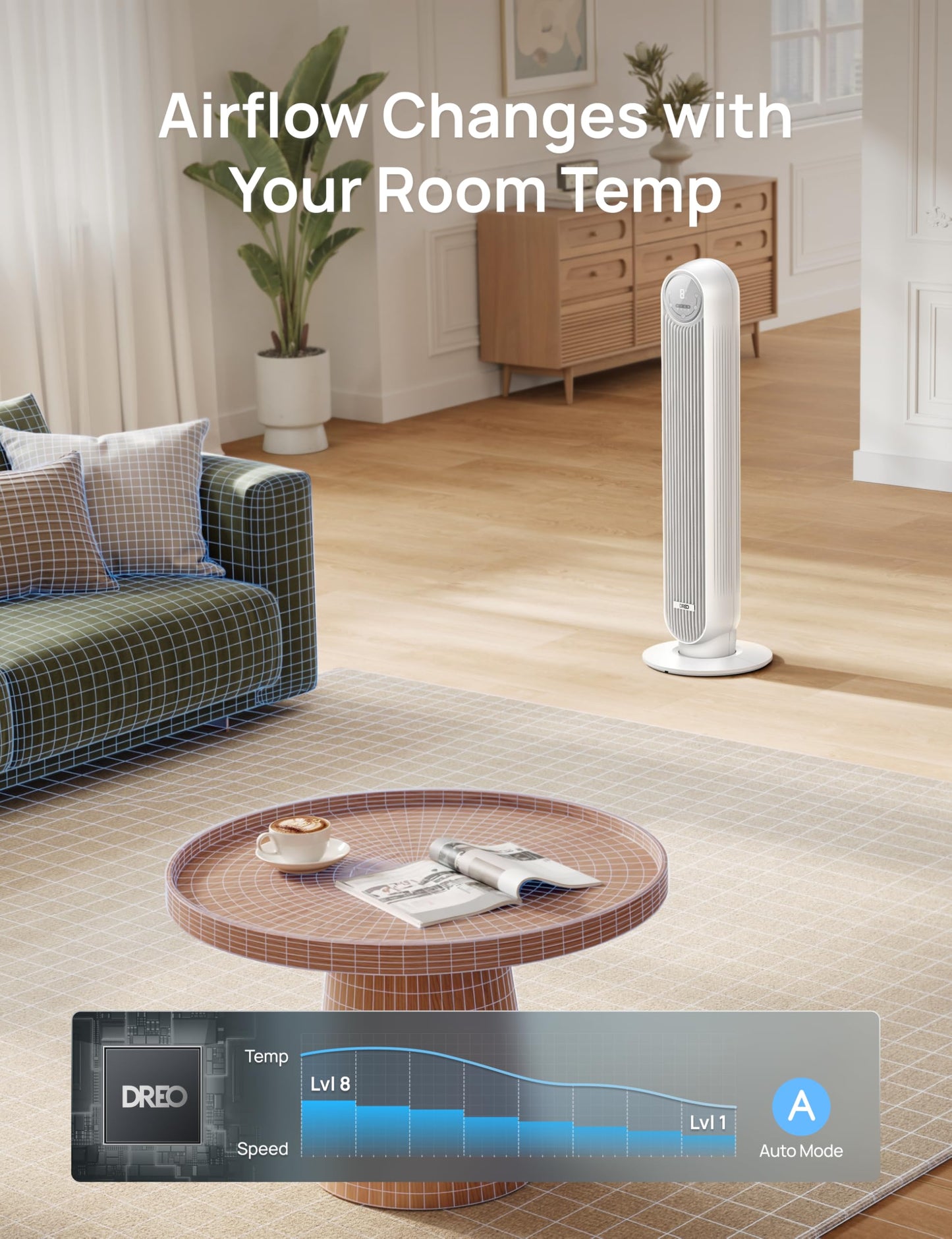 DREO Smart Tower Fan for Bedroom, 28ft/s Velocity, 8 Speeds Ultra Quiet Fan