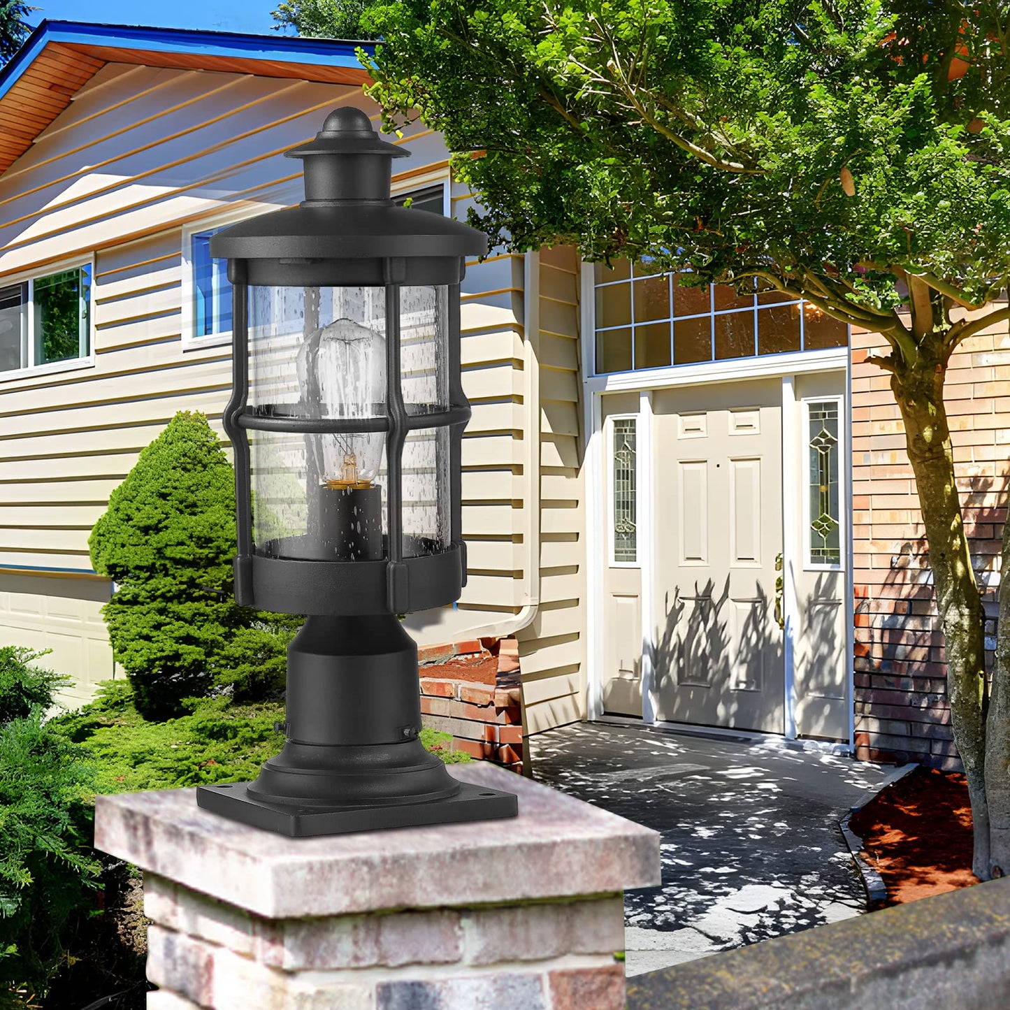 Rosient Outdoor Post Lights, Exterior Post Sconce, Outdoor Lamp, Pathway Post Lighting Fixture, Patio Pillar Light in Black Finish with Seeded Glass
