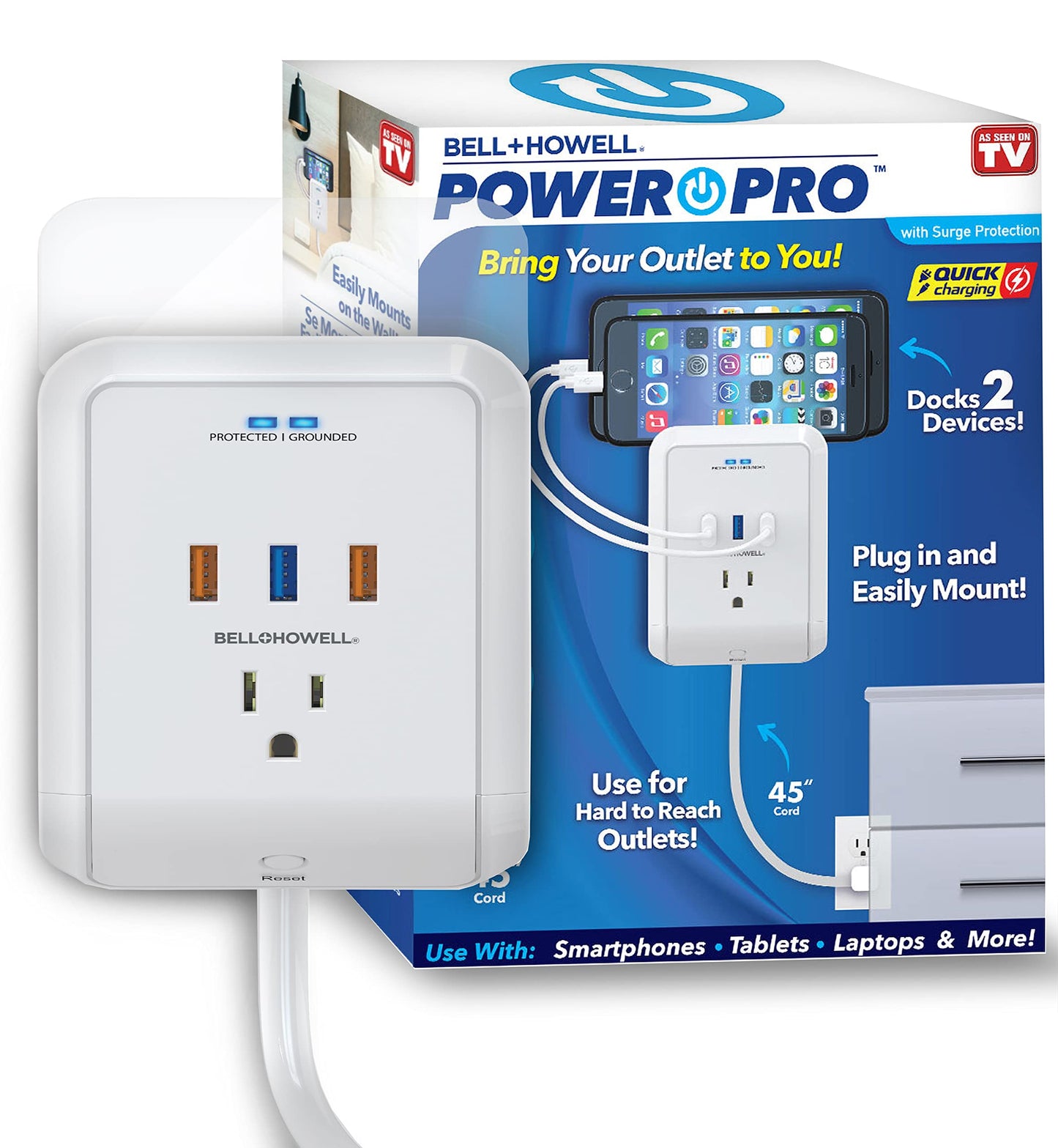 Power Pro Outlet Extender with 45” Cord - Easy-Install Power Strip Electric Surge Protector, USB Wall Charger, 3 Power Outlets, Docking Station