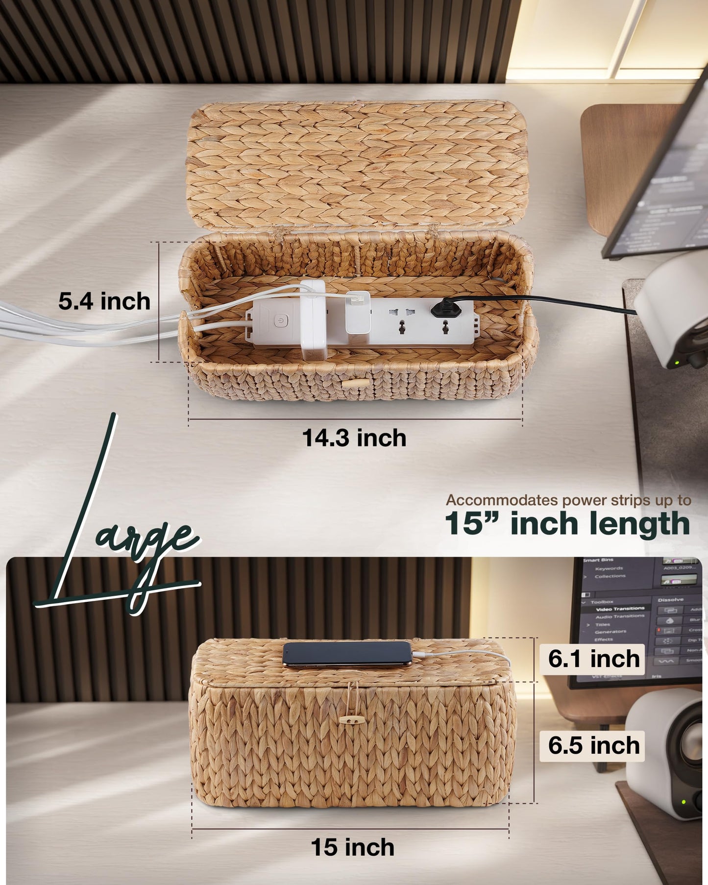 BLUEWEST Cable Management Box, Water Hyacinth Organizer Box, Durable Rattan Cable Organizer with Dual Open Slots for Desk, TV, or Office Cords, Stores