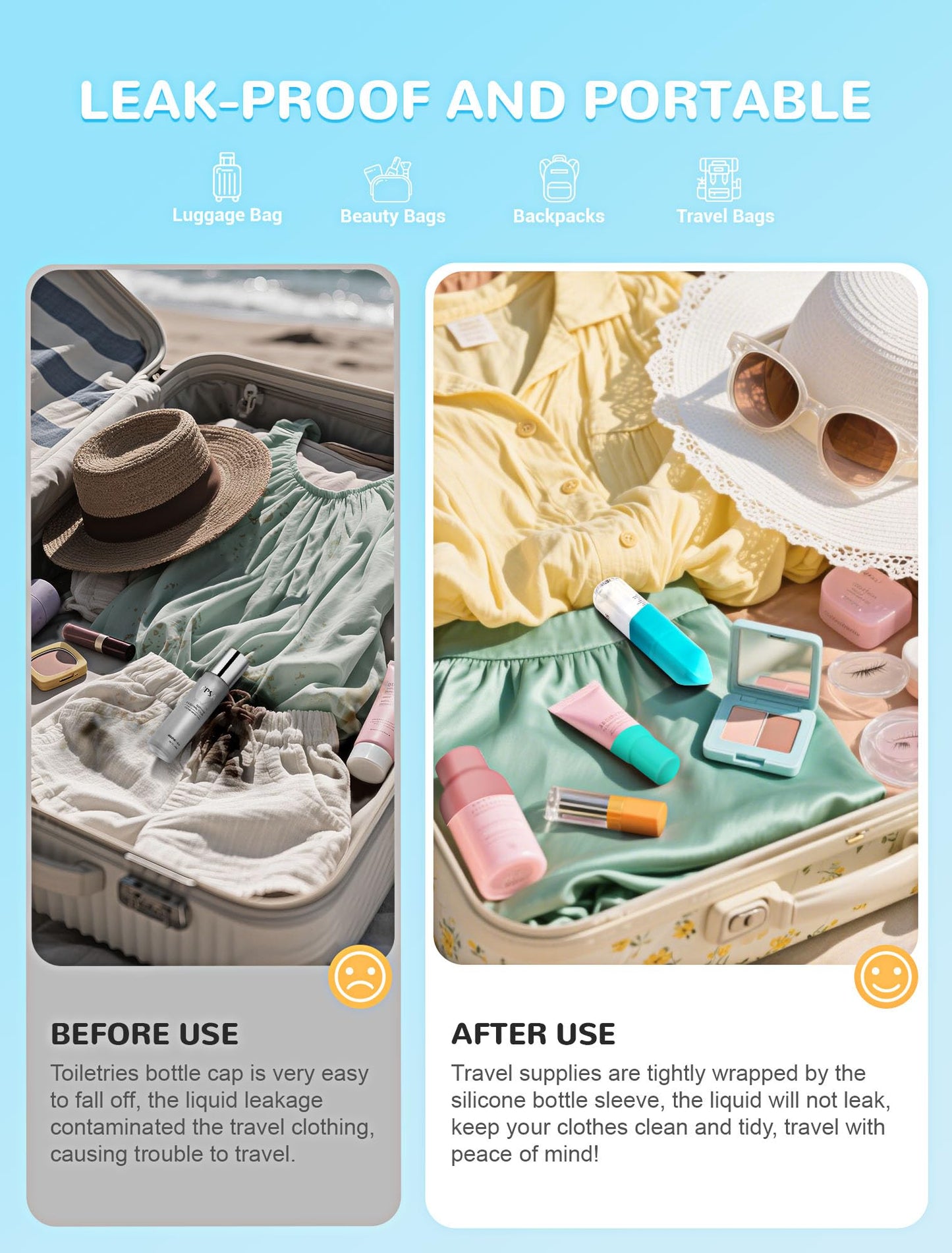 12 Pack Silicone Bottle Covers – Travel Essentials for Men & Women, Leak-Proof Elastic Sleeves for Beach, Cruise & Airplane Trips