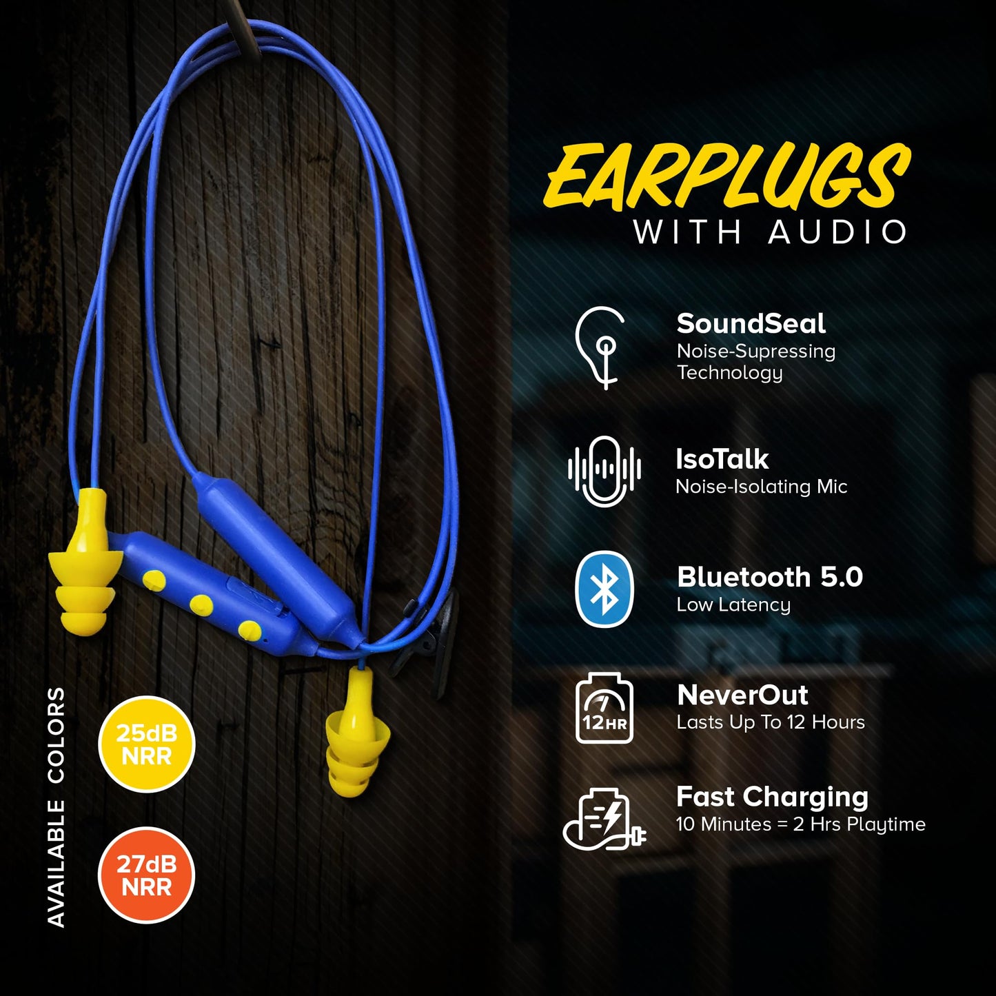 Plugfones Basic Pro Bluetooth Earplug Headphones for Work, Wireless in-Ear Safety Earbuds, 25dB NRR OSHA Compliant Hearing Protection with Noise