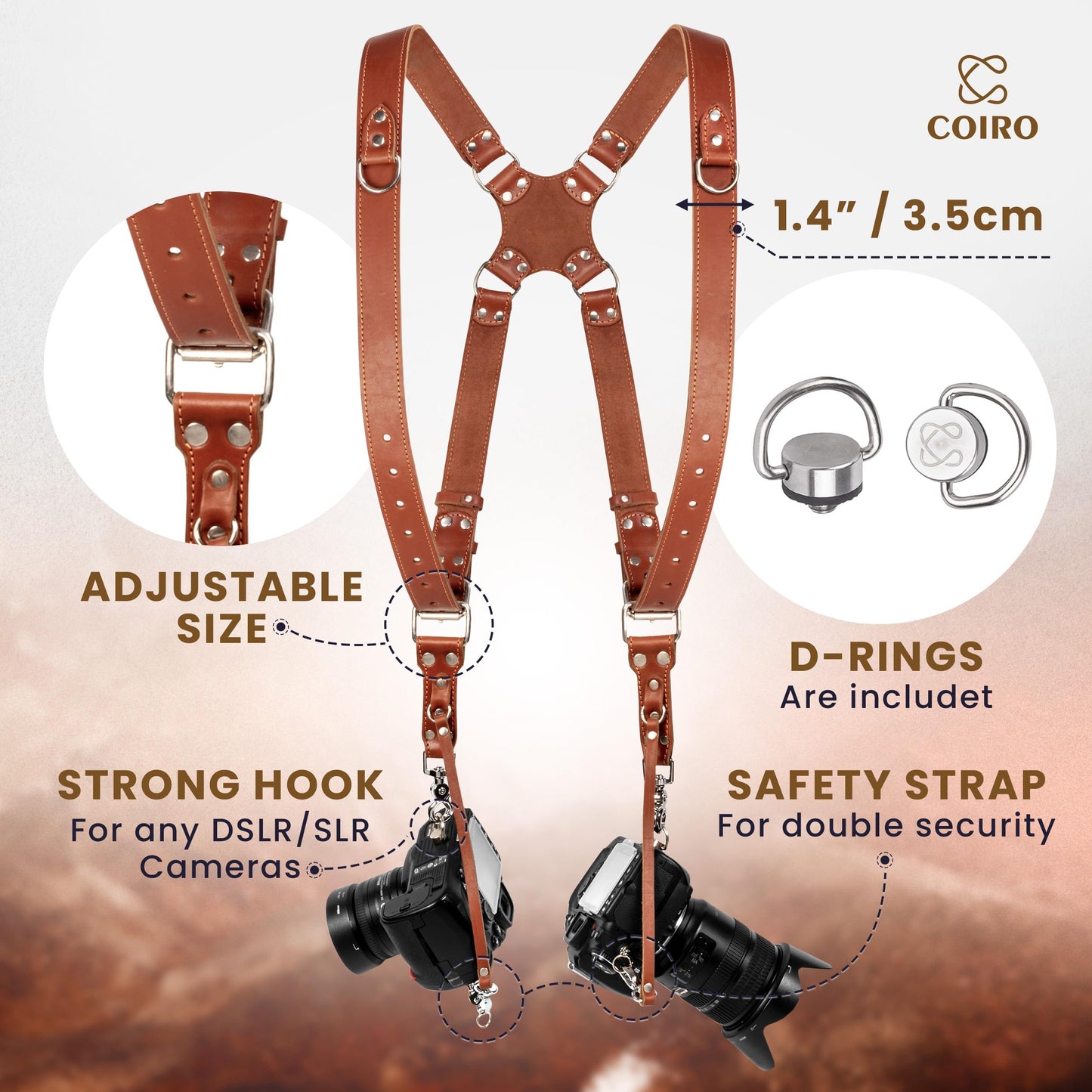 C Coiro Camera Harness for 2 Cameras - Dual Shoulder Leather Camera Strap - Double Camera Harness for DSLR/SLR, Camera Straps for Photographers of All
