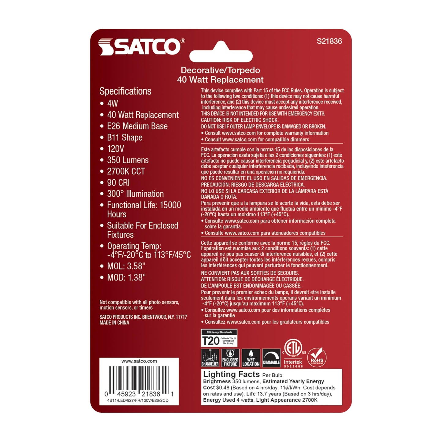 Satco S21836 4 Watt B11 LED Bulb, Frosted, Medium Base, 2700K, 350 Lumens, 120 Volt, 2-Pack