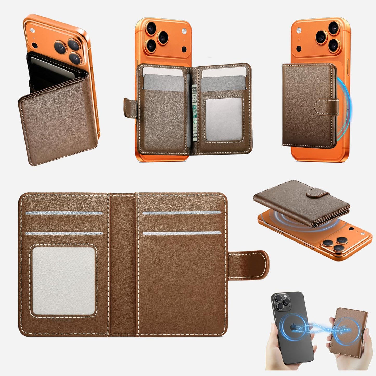 XQFERT Magnetic Wallet Cell Phone Card Holder, Stronger Magnetic Leather Phone Wallet Phone Credit, Card Holder Fit 6 Cards for iPhone