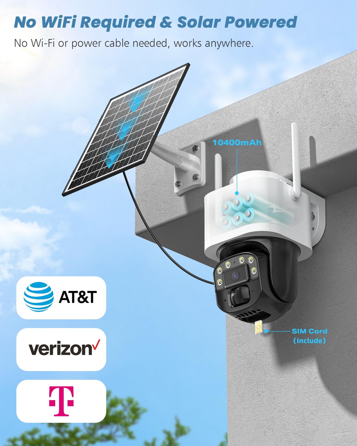 Reobiux 4G LTE Cellular Solar Security Cameras Wireless Outdoor, No WiFi Security Camera, 360° Live View, 2K Color Night Vision, PIR Detection, 2-Way