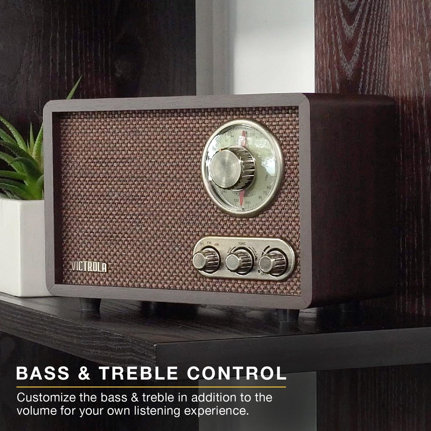 Victrola Willow - Retro Wood Bluetooth Radio with Built-in Speakers: Elegant & Vintage Design, Rotary AM/FM Tuning Dial, Bass & Treble Control