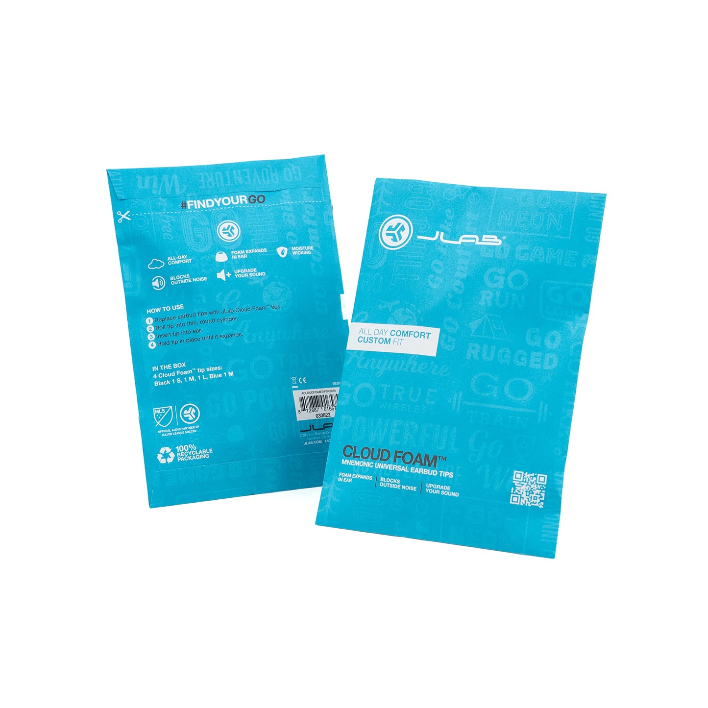 JLab Cloud Foam Earbud Tips, Universal fit, Memory Foam, Moisture Wicking, Black/Blue, 4 Pairs