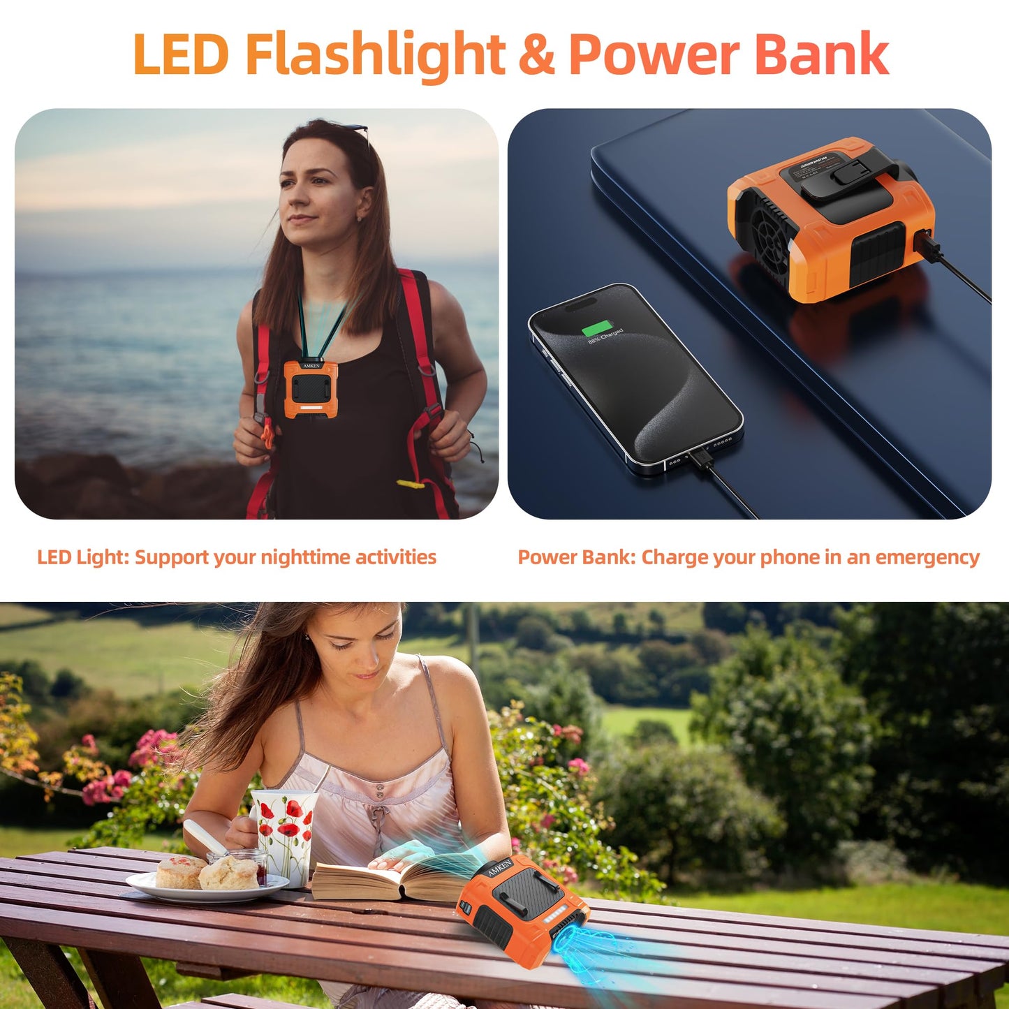 AMKEN Waist Fan, 10000mAh Rechargeable Belt Clip Fan, 24H Runtime, 49ft/s Strong Airflow, 3-Speed 7-in-1 Hands-Free Wearable with LED SOS Warning