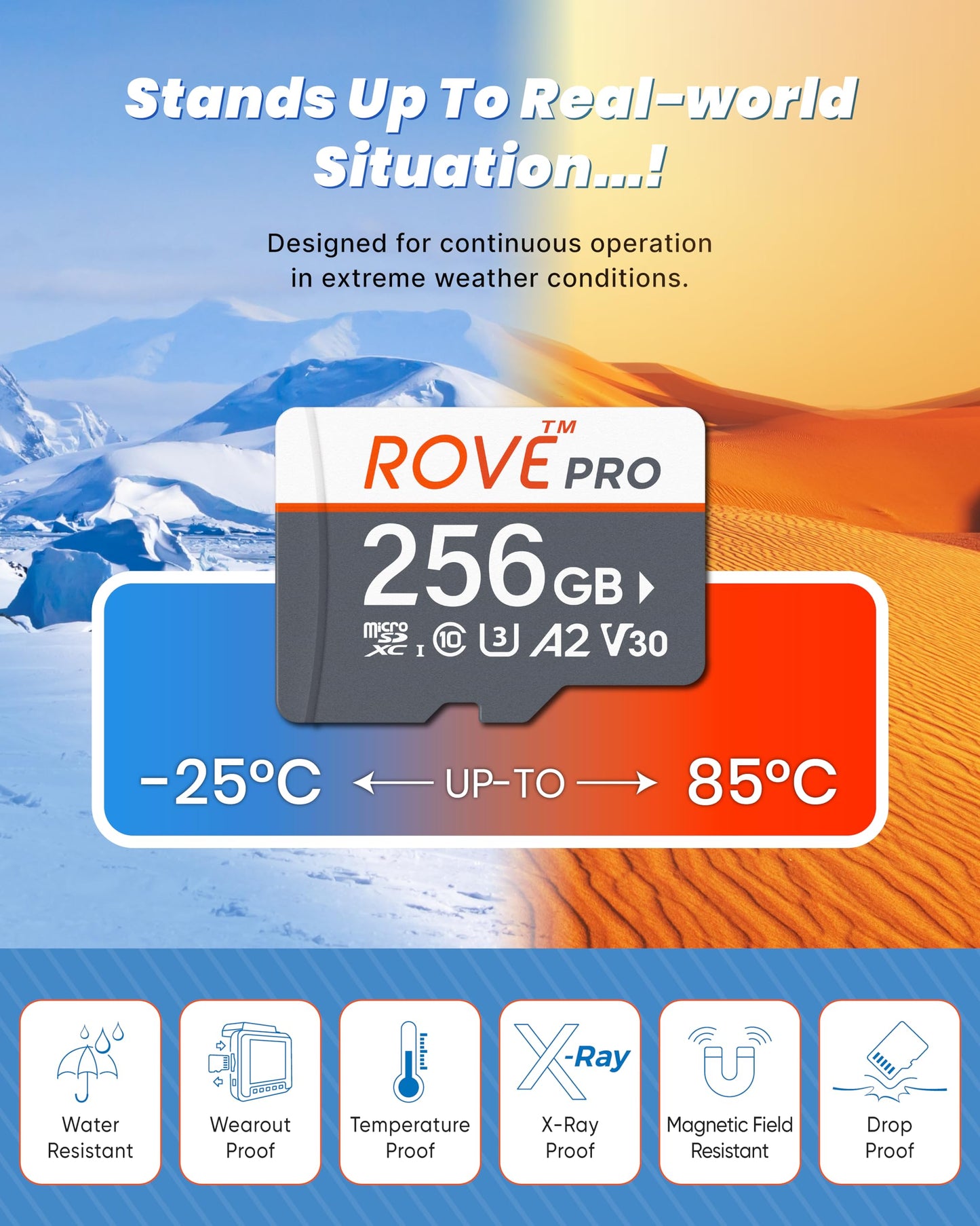 ROVE PRO Micro SD Card microSDXC 256GB Memory Card with Full-Size SD Adapter 100MB/s Read Speed, C10, U3, V30, 4K, A2 for Dash Cam, Android Smart