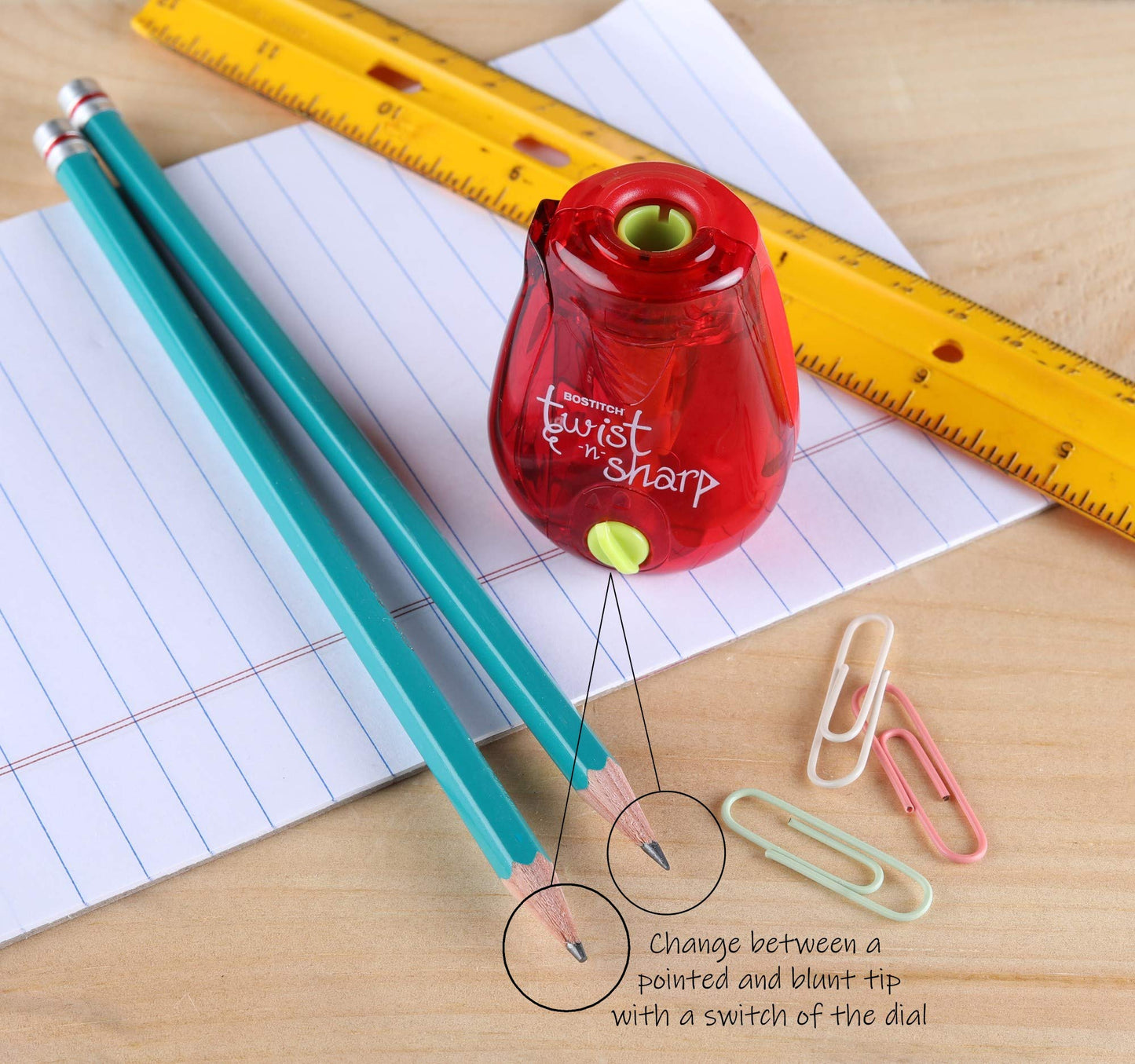 Bostitch Office Pencil Sharpener, Manual, Twist-n-Sharp with Shavings Tray, Kids, Boys, Girls, Colored Pencils, 3-Pack, Lime Green, Blue and Red