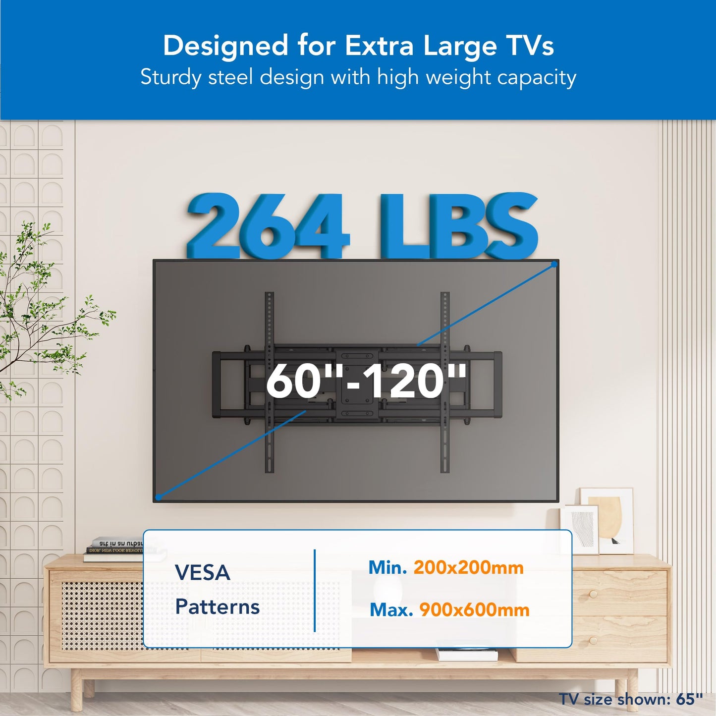 Mount-It! Heavy Duty XXL Full Motion TV Wall Mount for Extra Large TVs, max VESA 900x600, Holds up to 264lb, Swivel Tilt Extension Adjustable TV Mount
