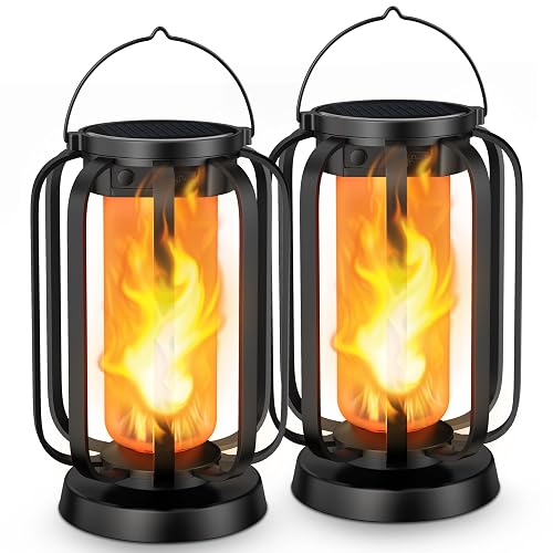 Hompavo Gen2 Solar Lanterns Outdoor Lights with Ultra-Real Flame, 2 Charging (USB/Solar) & 4 Modes - Waterproof Decorative Hanging/Table Lights