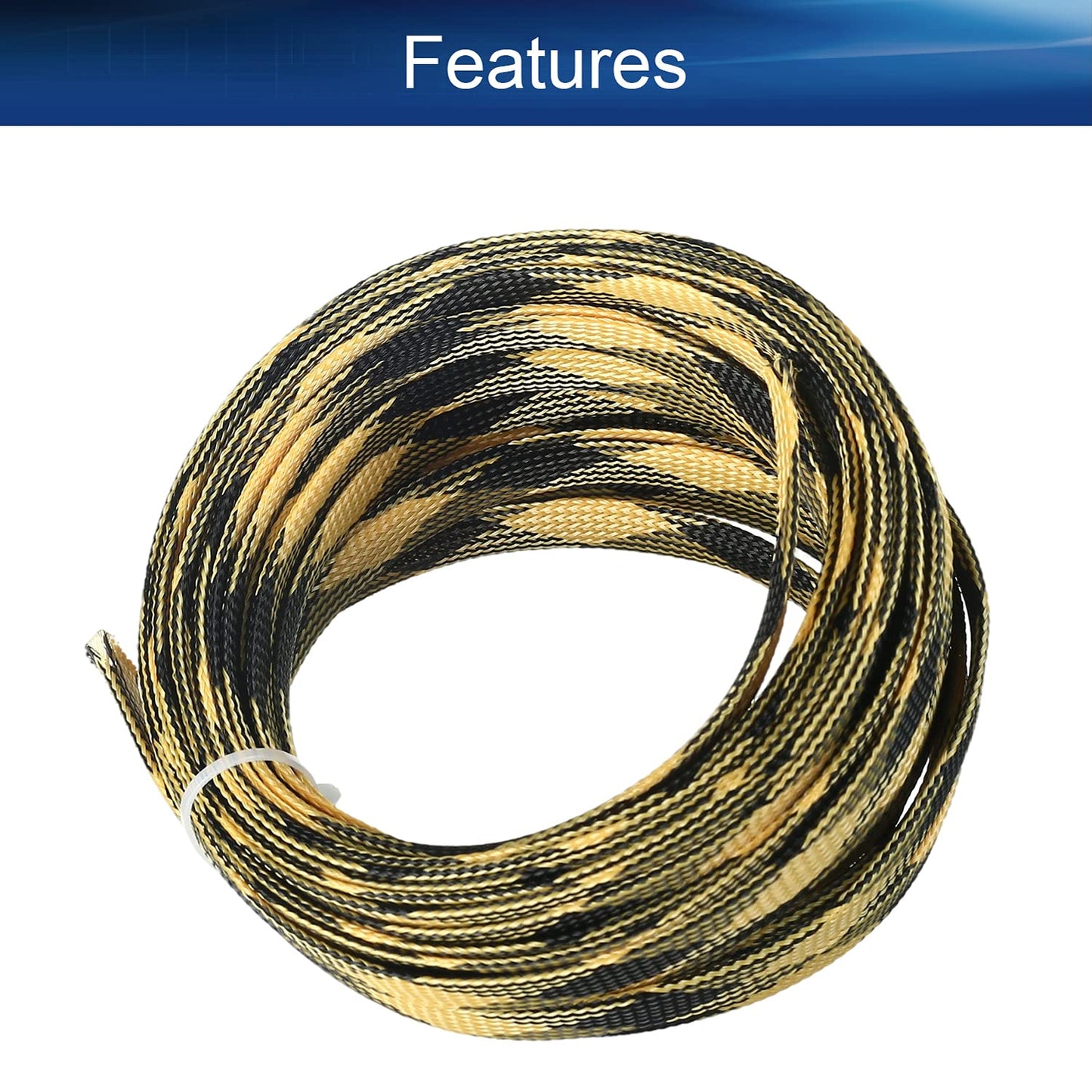 Bettomshin 1Pc 32.8Ft(10m) Cable Management Sleeve, 1/2"(12mm) Width PET Black & Yellow Cord Protector, Wire Loom Tube Insulated Split Sleeving