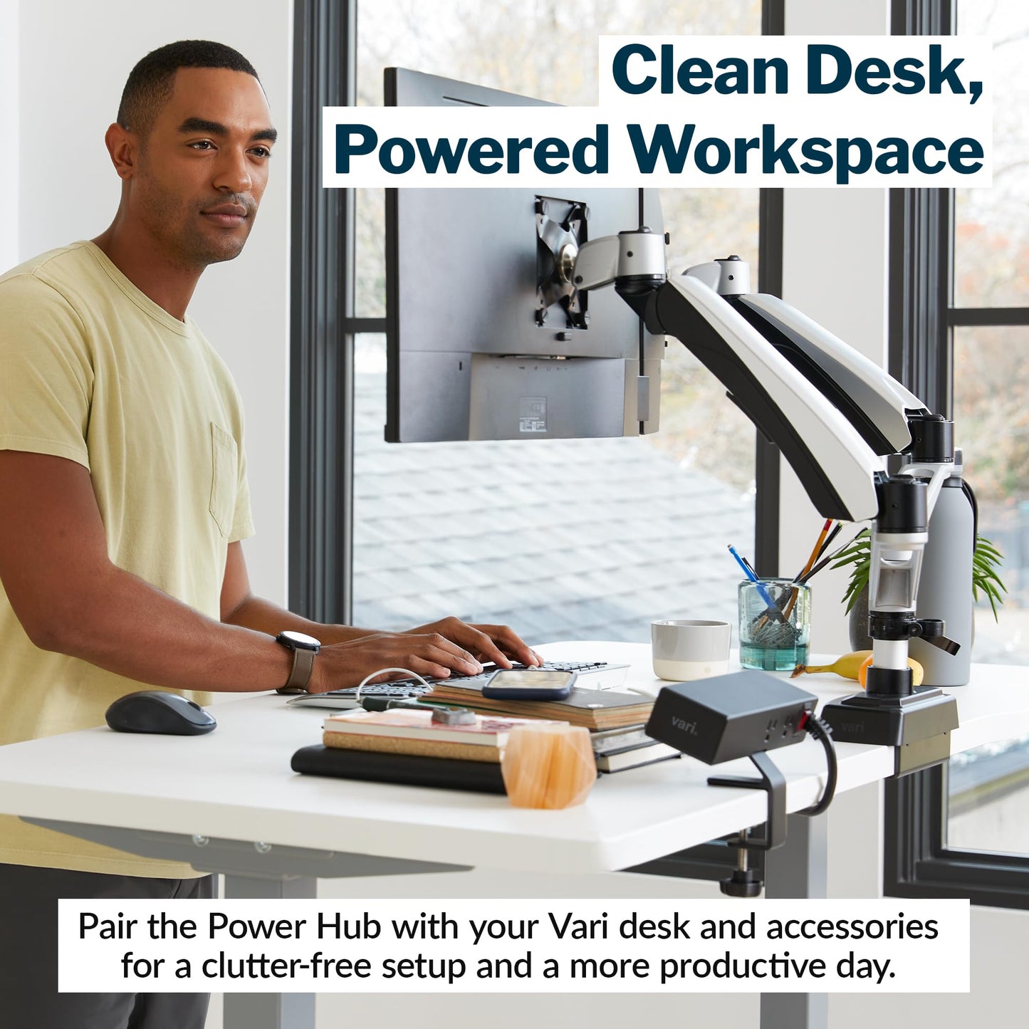 Vari Power Hub 4th Gen - Desk Mount Charging Station with 5 AC Outlets, 2 USB-C Ports, and 1 USB-A Port - Fast 45W Power Delivery, 12’ Cord, Clamp-On