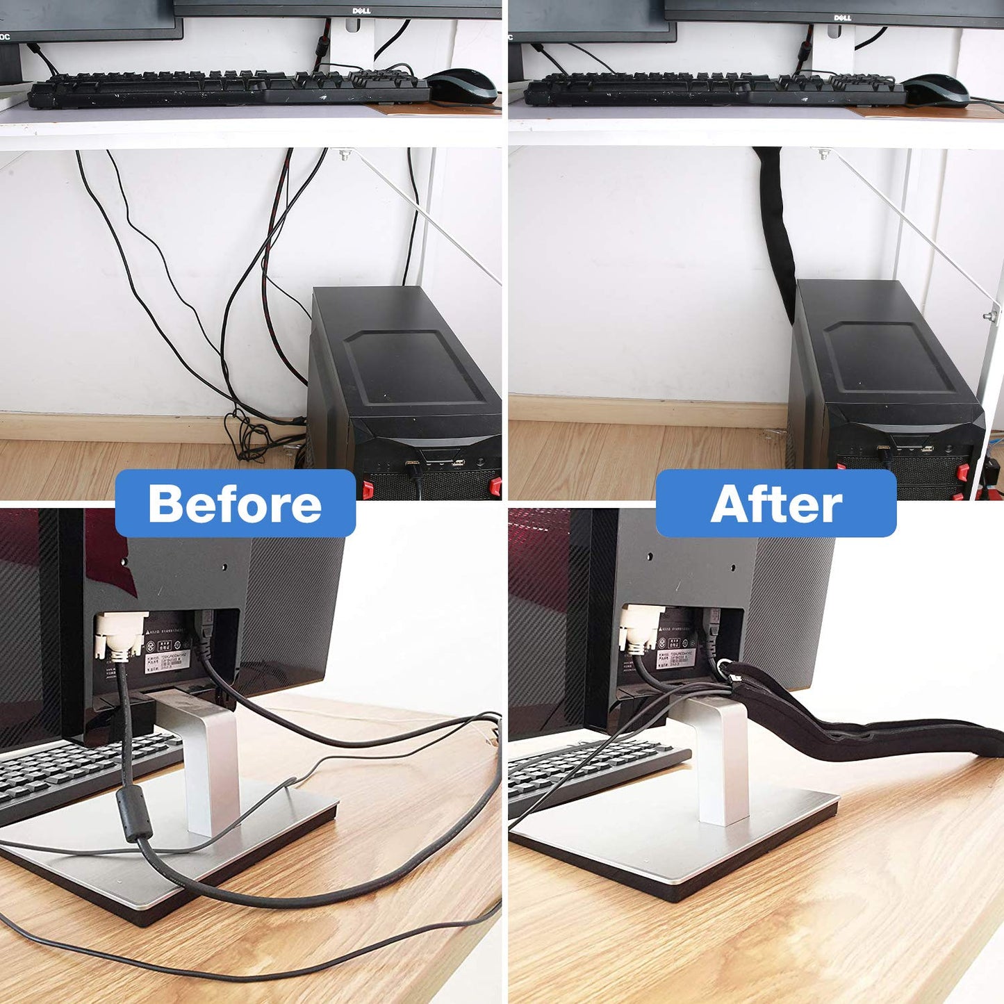 JOTO 4 Pack Cable Management Sleeve, 19-20 Inches Cord Organizer System with Zipper for TV Computer Office Home Entertainment, Flexible Cable Sleeve